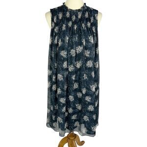 Joie Blue Baltic Print Sleeveless Ruffle Neck Keyhole A-Line Mini Dress Large